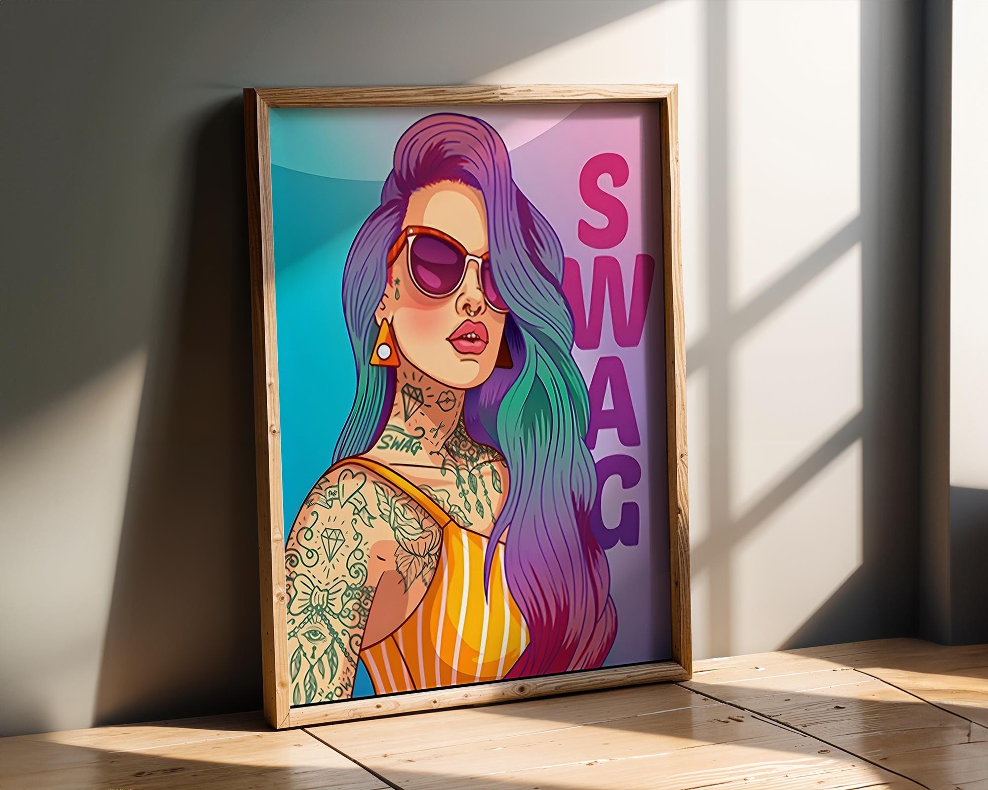 Modern Pop Art | Swag Girl  Print | Rainbow Hair, Tattoo Street wall art print, modern home decor, unframed artwork by Nomad & Nest