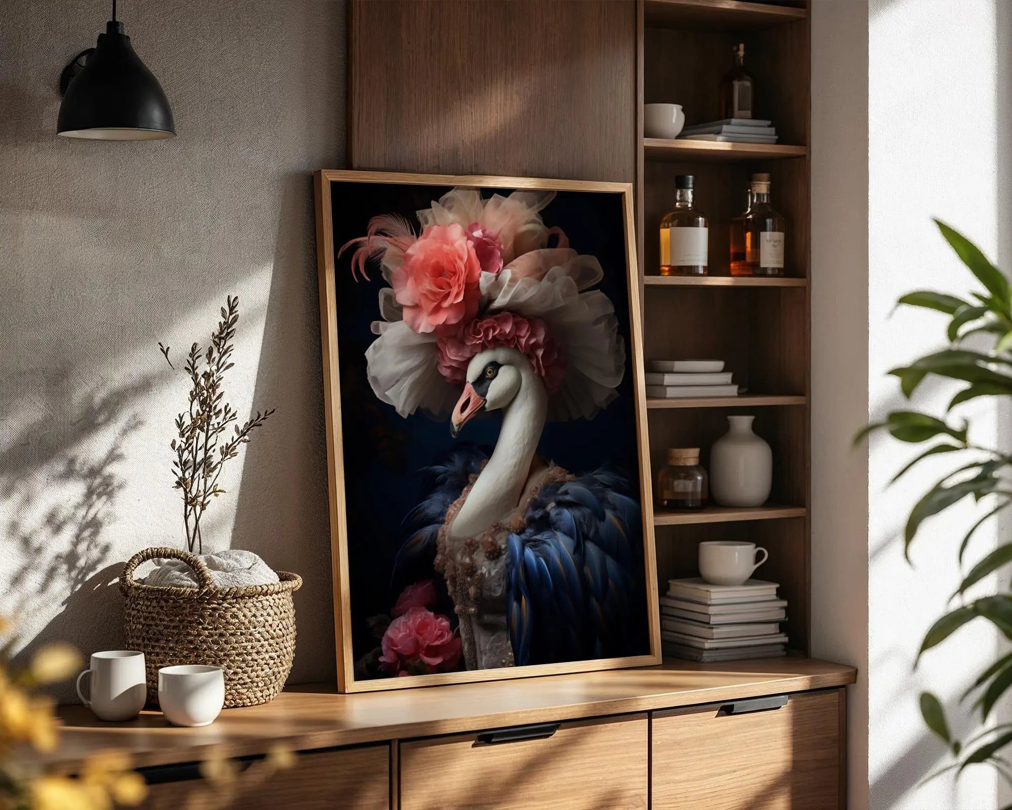 Elegant Swan Art Print | Couture Gown, Floral Hat wall art print, modern home decor, unframed artwork by Nomad & Nest