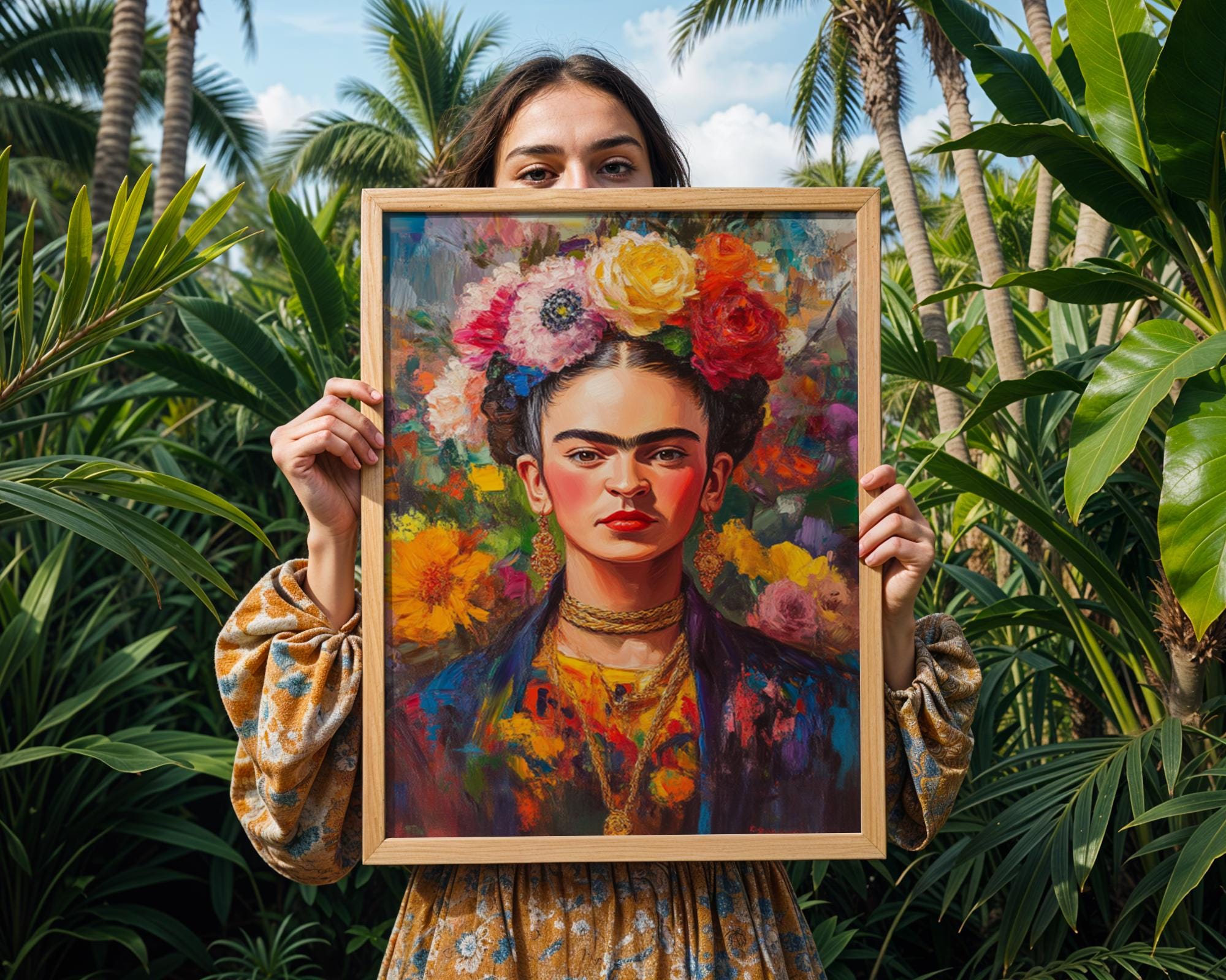 Frida Kahlo Portrait Print | Colourful Flower Crown, Eclectic Wall Art wall art print, modern home decor, unframed artwork by Nomad & Nest