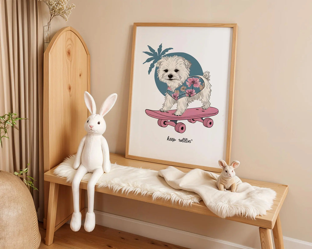 Playroom Ideas | Skate Dog Nursery Wall Art | Boho Animal Baby Print wall art print, modern home decor, unframed artwork by Nomad & Nest