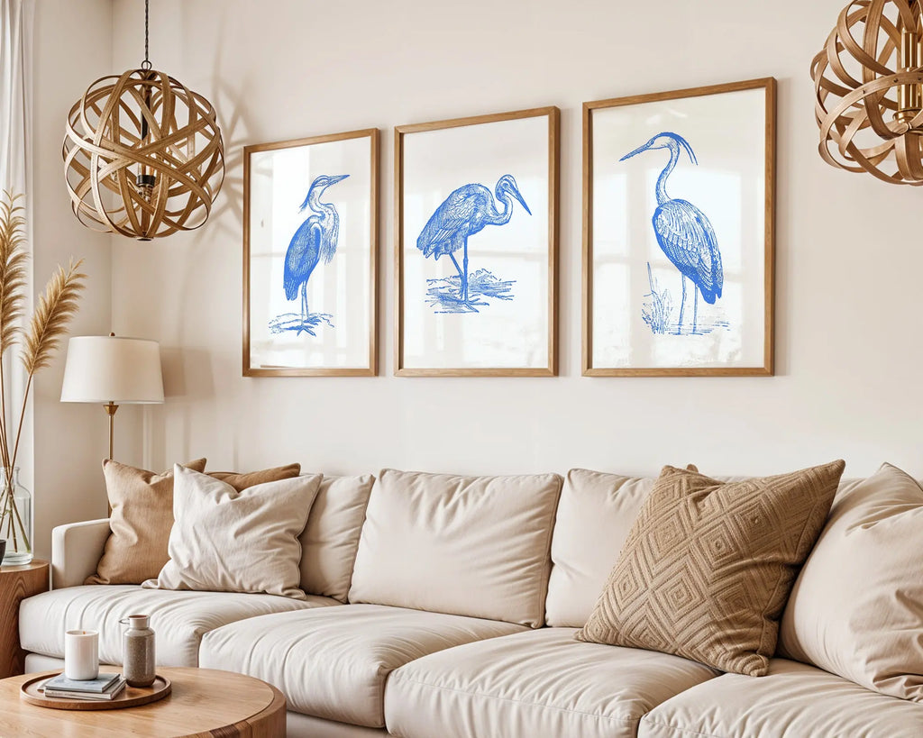 Colourful Prints | Blue Heron Line Art Prints |Coastal Nautical Wall Decor (Set of 3) wall art print, modern home decor, unframed artwork by Nomad & Nest