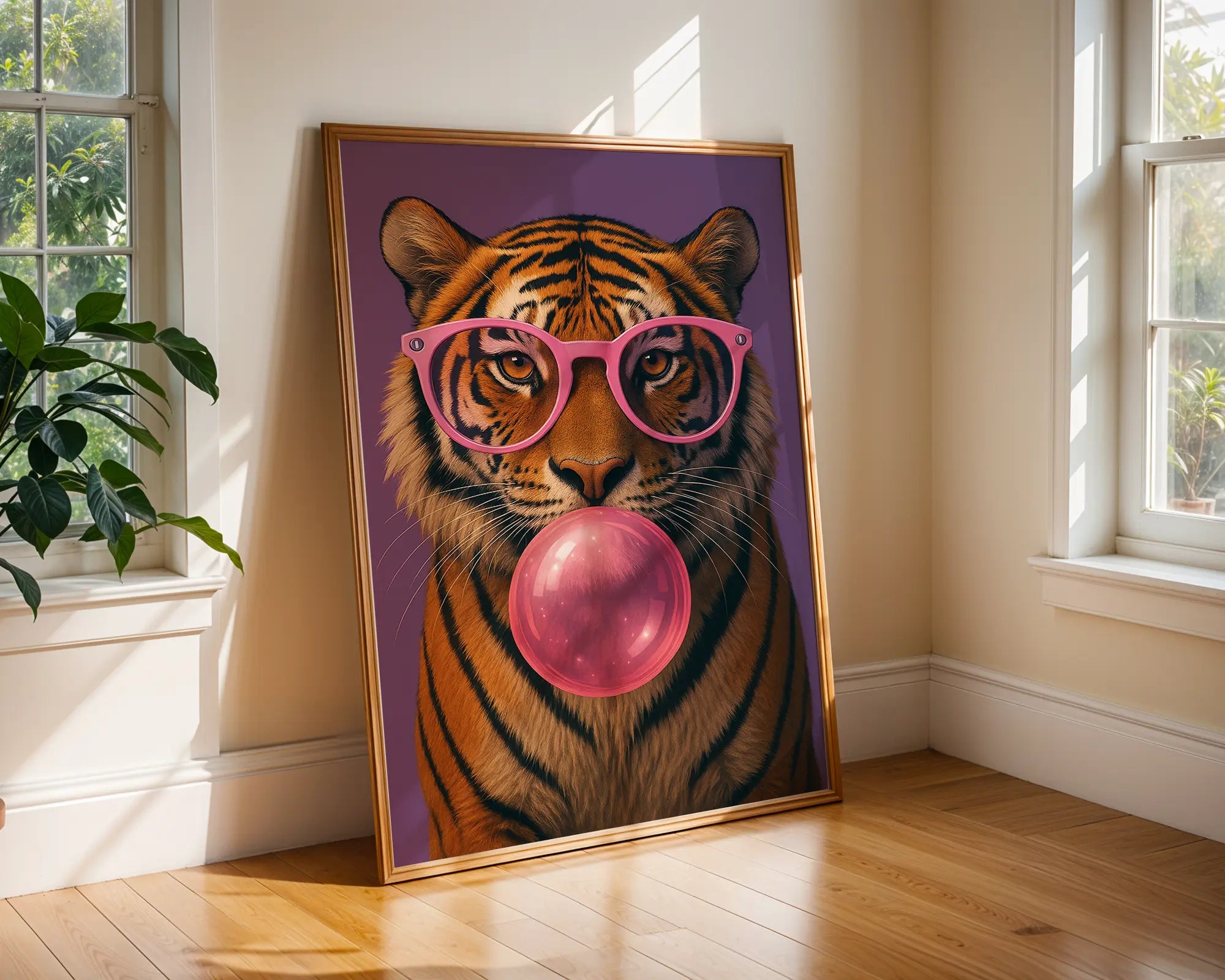 Colourful Prints | Bubblegum Tiger Print | Funky Animal Art with Pink Glasses wall art print, modern home decor, unframed artwork by Nomad & Nest