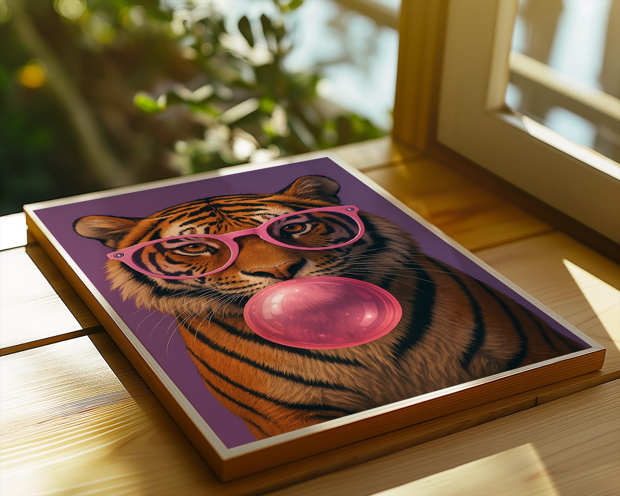 Colourful Prints | Bubblegum Tiger Print | Funky Animal Art with Pink Glasses wall art print, modern home decor, unframed artwork by Nomad & Nest