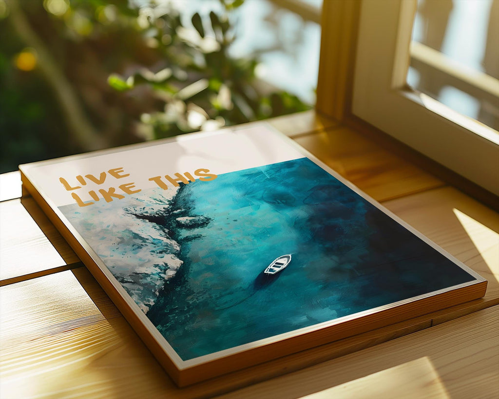 Colourful Prints | Aerial Boat Turquoise Ocean Art Print | Coastal Travel Poster wall art print, modern home decor, unframed artwork by Nomad & Nest