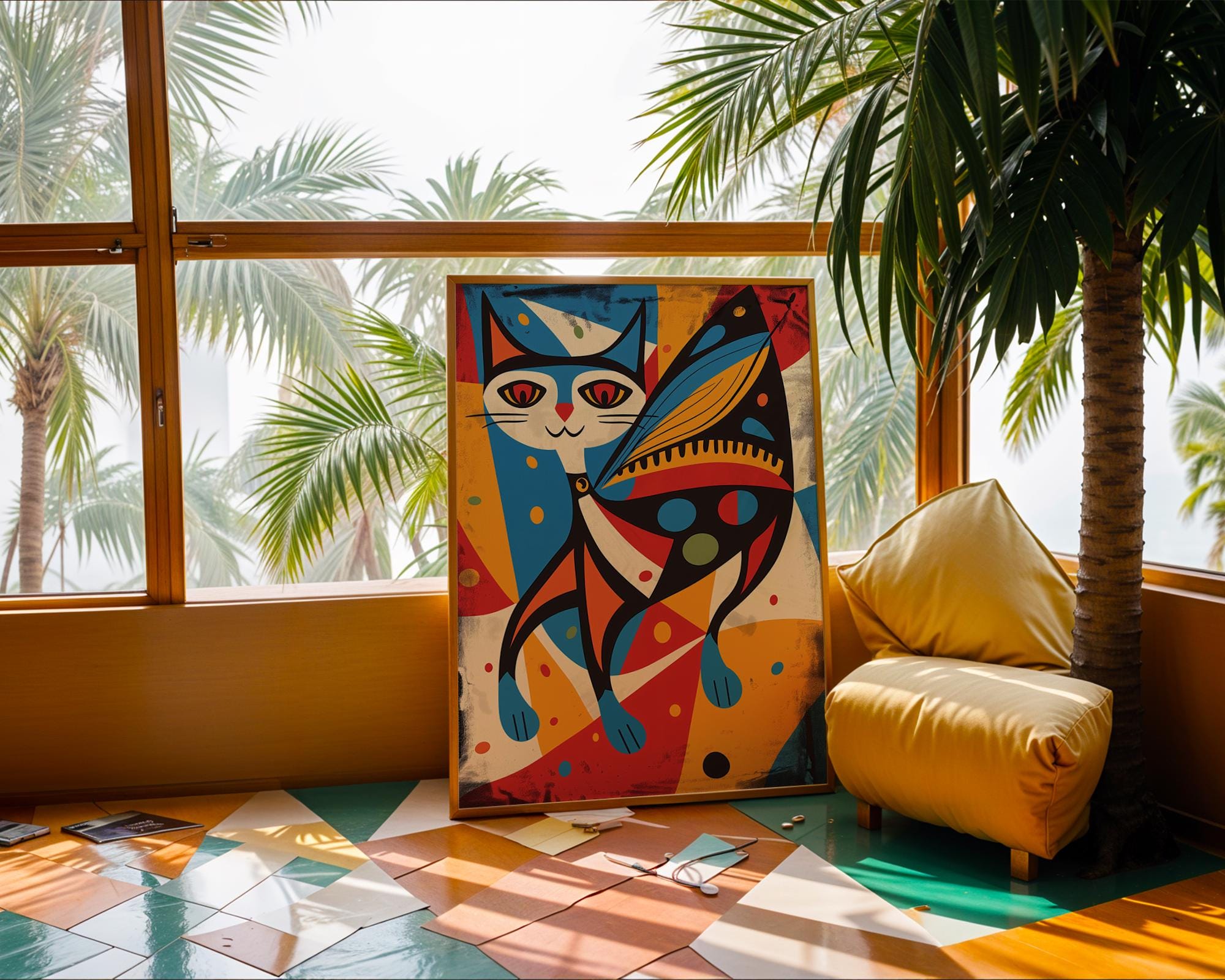Abstract Cat Butterfly Wings Print | Retro Modern Feline Wall Art wall art print, modern home decor, unframed artwork by Nomad & Nest