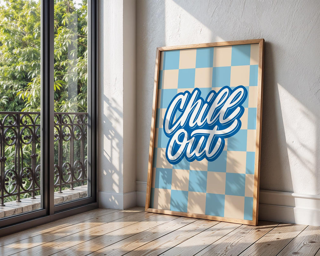 Chill Out Checkered Print | Groovy Blue Beige Retro Wall Art wall art print, modern home decor, unframed artwork by Nomad & Nest