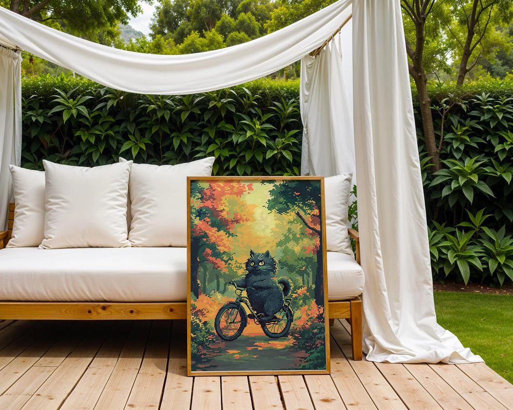 Cat Riding Bicycle Art Print | Whimsical Autumn Decor wall art print, modern home decor, unframed artwork by Nomad & Nest