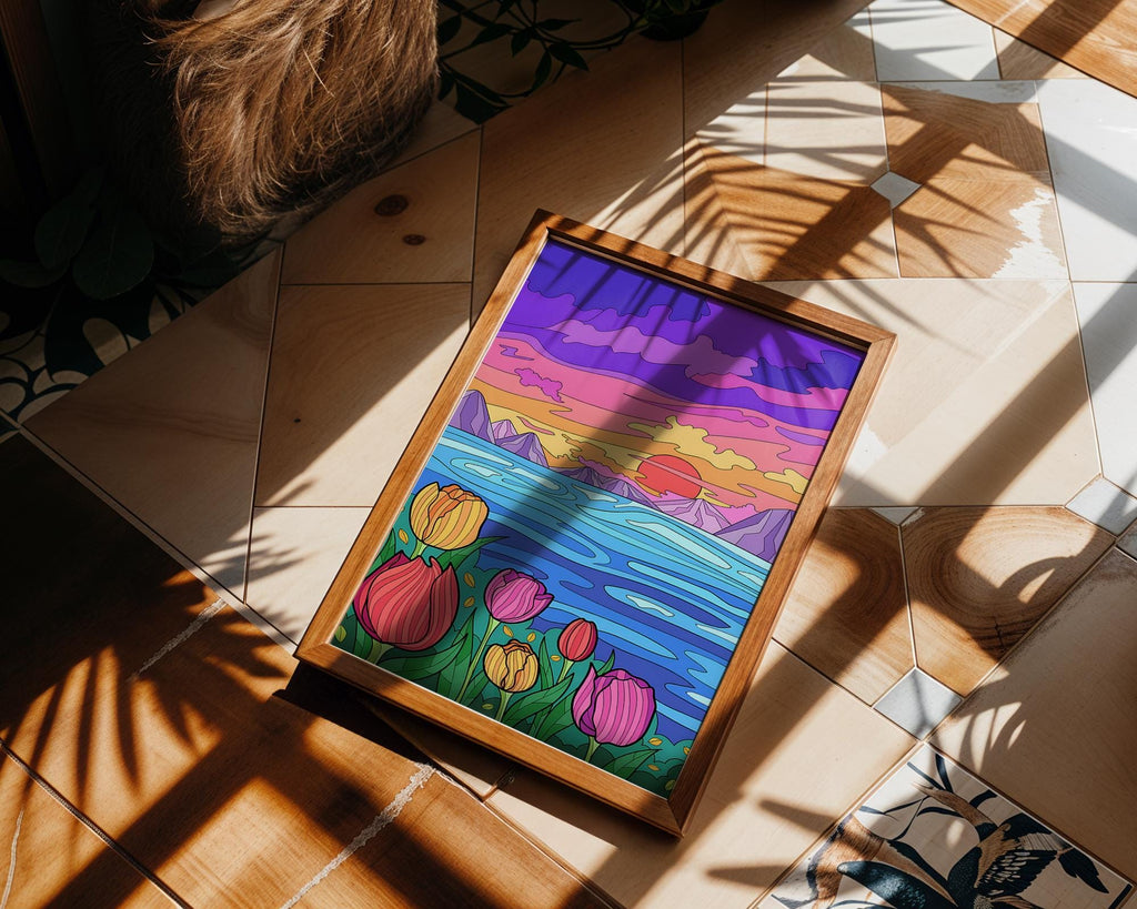 Modern Pop Art | Tulip Sunset Landscape  Print | Colorful Ocean Scene, Coastal Home Decor wall art print, modern home decor, unframed artwork by Nomad & Nest