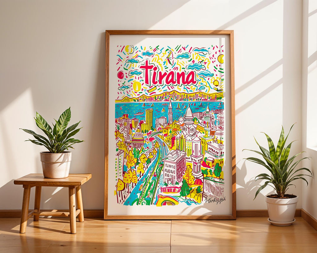 Tirana Albania Travel Poster | Colourful City Illustration Art wall art print, modern home decor, unframed artwork by Nomad & Nest