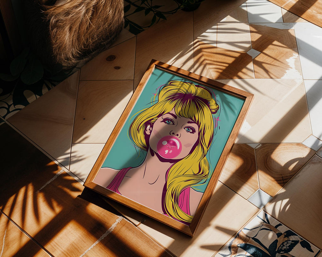 Modern Pop Art | Print | Blonde Bubble Gum Girl, Retro Comic Style wall art print, modern home decor, unframed artwork by Nomad & Nest