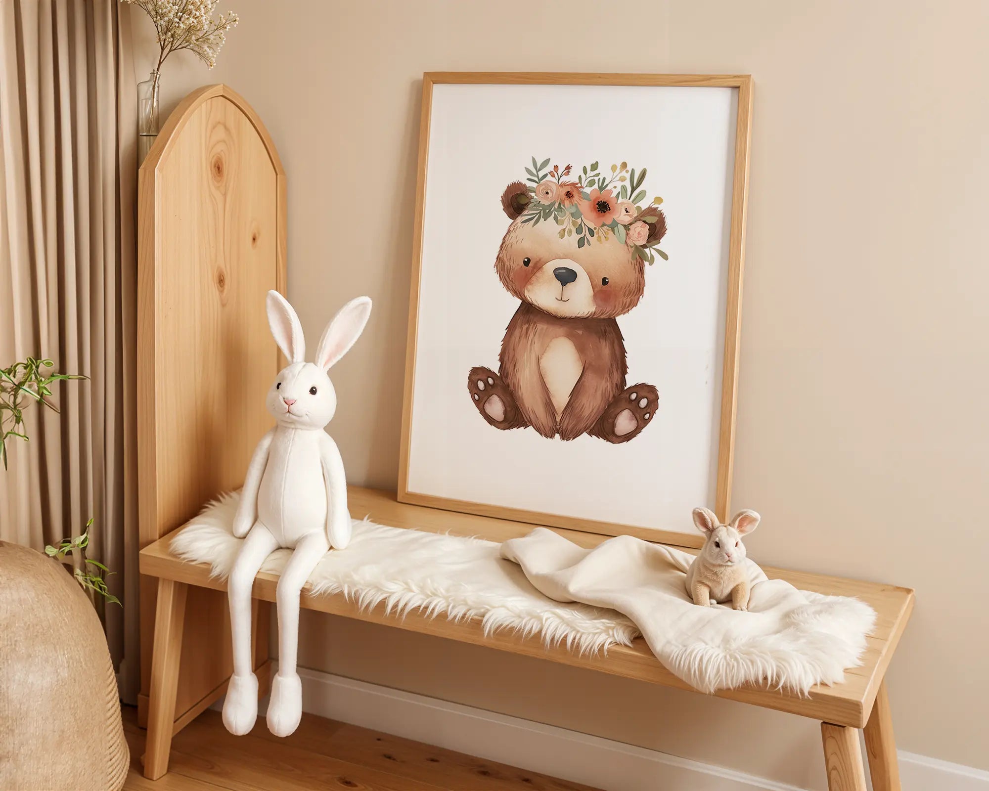 Playroom Ideas | Boho Bear Nursery Wall Art | Flower Crown Animal Baby Decor Nomad&Nest