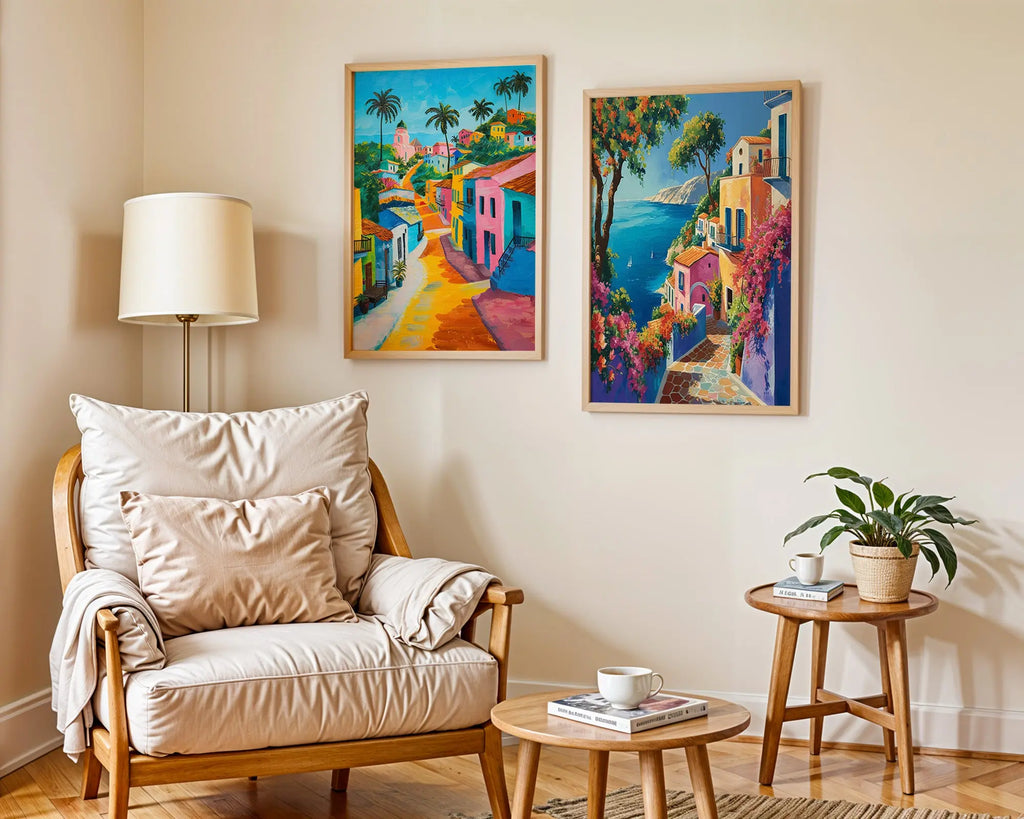 Colourful Prints | Mediterranean Seaside Village Prints Set | Coastal Travel Art (Set of 2) wall art print, modern home decor, unframed artwork by Nomad & Nest