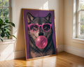 Colourful Prints | Wolf Bubblegum Print | Funky Animal Art with Pink Glasses wall art print, modern home decor, unframed artwork by Nomad & Nest