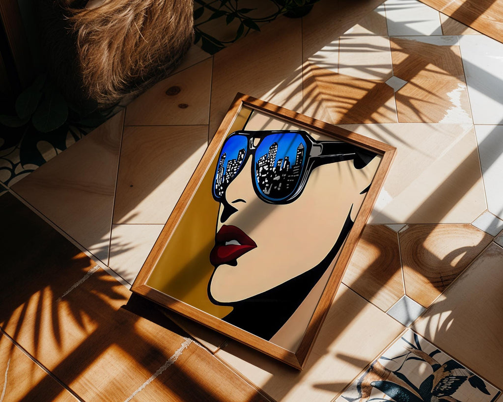 Modern Pop Art | Sunglasses Print | City Skyline Reflection Poster wall art print, modern home decor, unframed artwork by Nomad & Nest