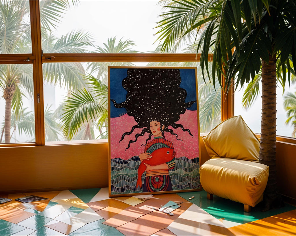 Surreal Woman with Fish Art Print | Cosmic Colorful Wall Decor wall art print, modern home decor, unframed artwork by Nomad & Nest