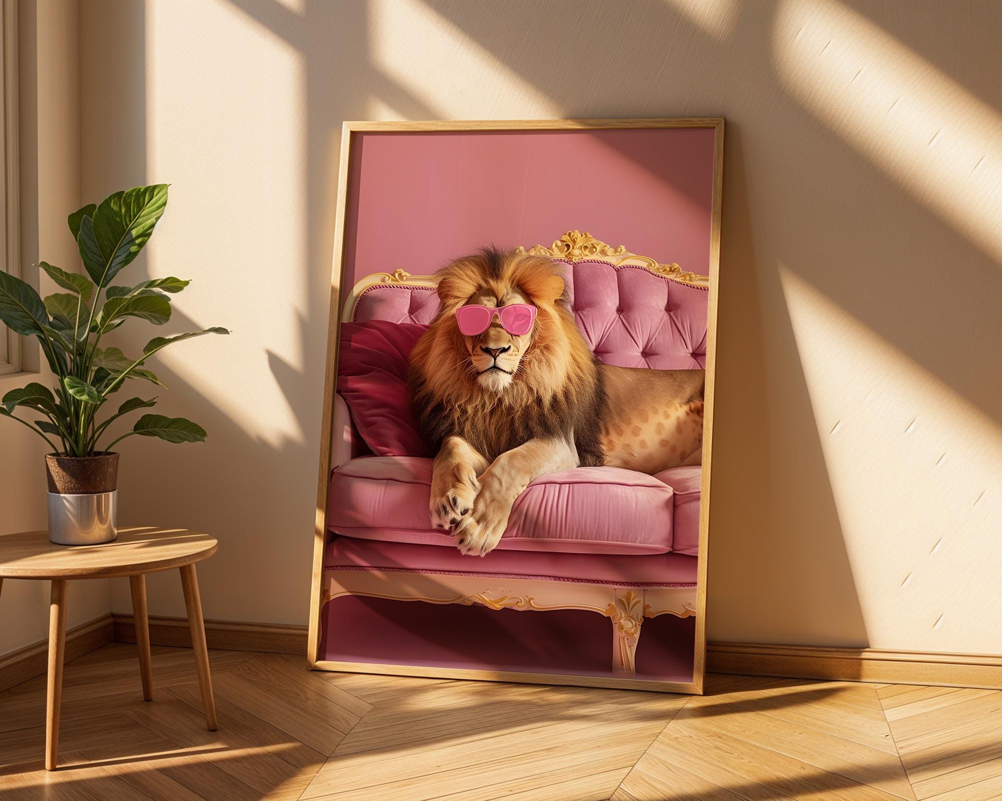 Colourful Prints | Funny Lion Art Print | Pink Sunglasses, Eclectic Home Decor wall art print, modern home decor, unframed artwork by Nomad & Nest