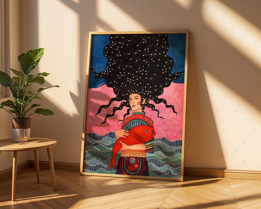 Surreal Woman with Fish Art Print | Cosmic Colorful Wall Decor wall art print, modern home decor, unframed artwork by Nomad & Nest