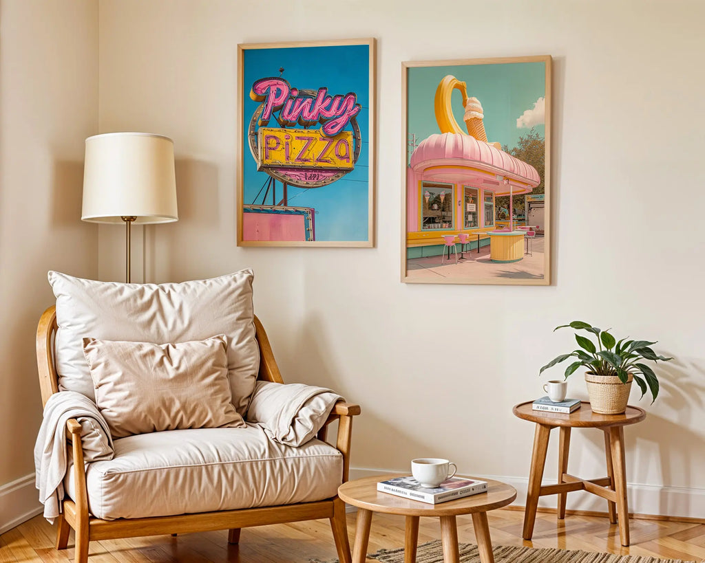 Colourful Prints | Retro Diner Prints Set | Pink Pizza, Ice Cream Parlour Wall Art (Set of 2) wall art print, modern home decor, unframed artwork by Nomad & Nest