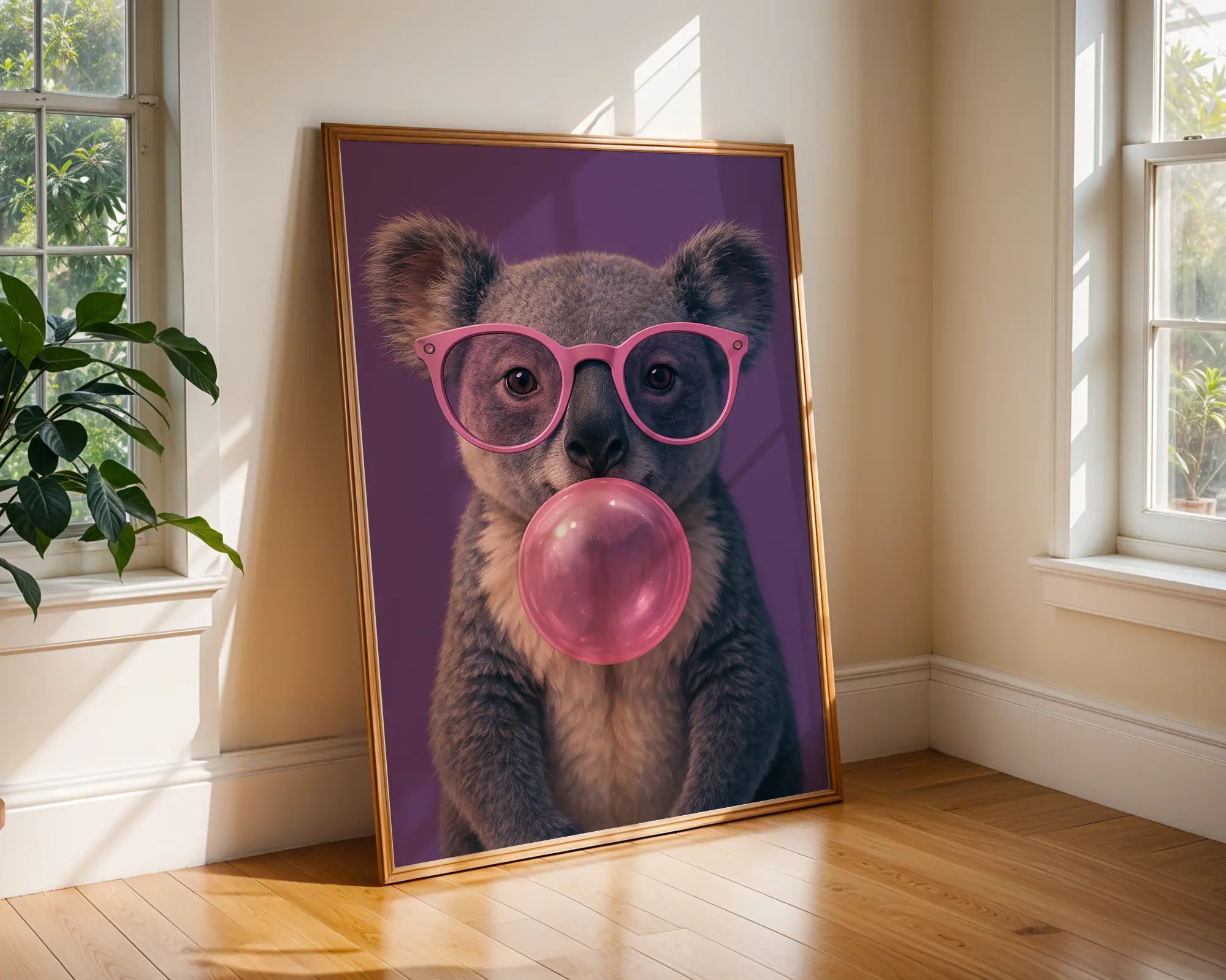 Colourful Prints | Koala Bubblegum Print | Funky Animal Art with Pink Glasses wall art print, modern home decor, unframed artwork by Nomad & Nest