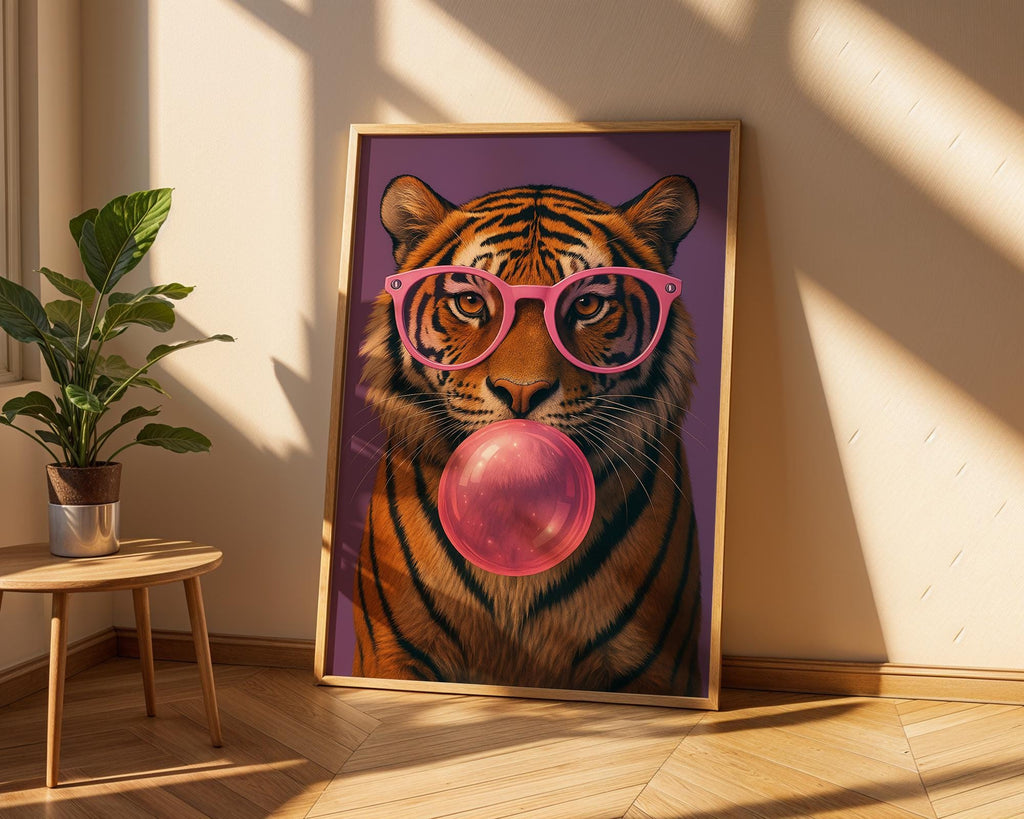 Colourful Prints | Bubblegum Tiger Print | Funky Animal Art with Pink Glasses wall art print, modern home decor, unframed artwork by Nomad & Nest