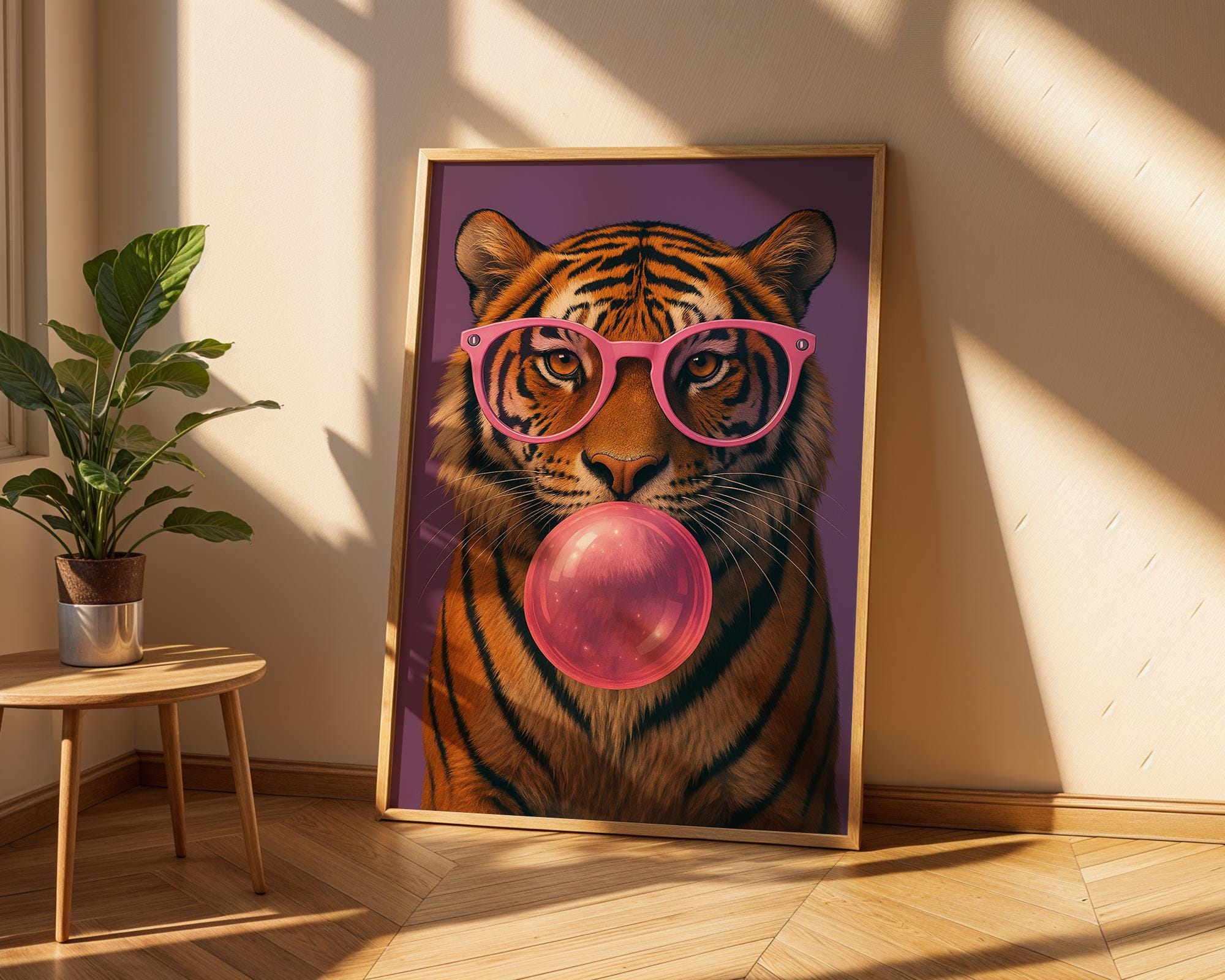 Colourful Prints | Bubblegum Tiger Print | Funky Animal Art with Pink Glasses wall art print, modern home decor, unframed artwork by Nomad & Nest