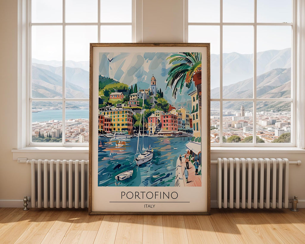 Portofino Italy Travel Poster | Colourful Seaside Village Art Print wall art print, modern home decor, unframed artwork by Nomad & Nest