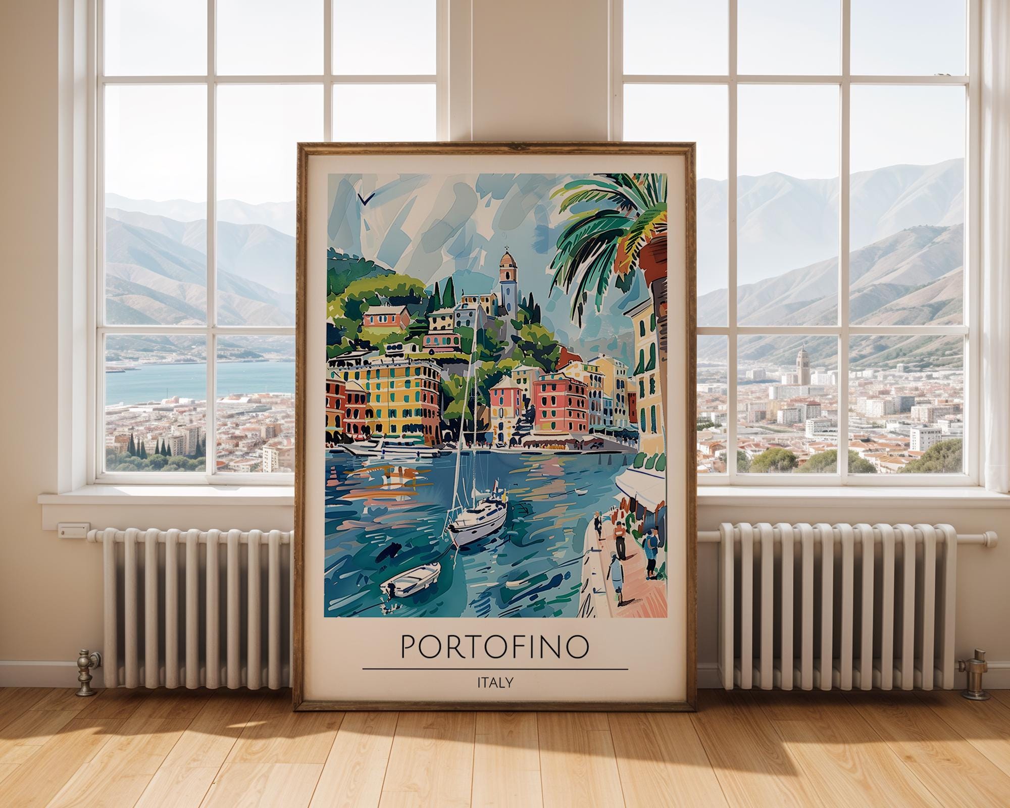 Portofino Italy Travel Poster | Colourful Seaside Village Art Print wall art print, modern home decor, unframed artwork by Nomad & Nest