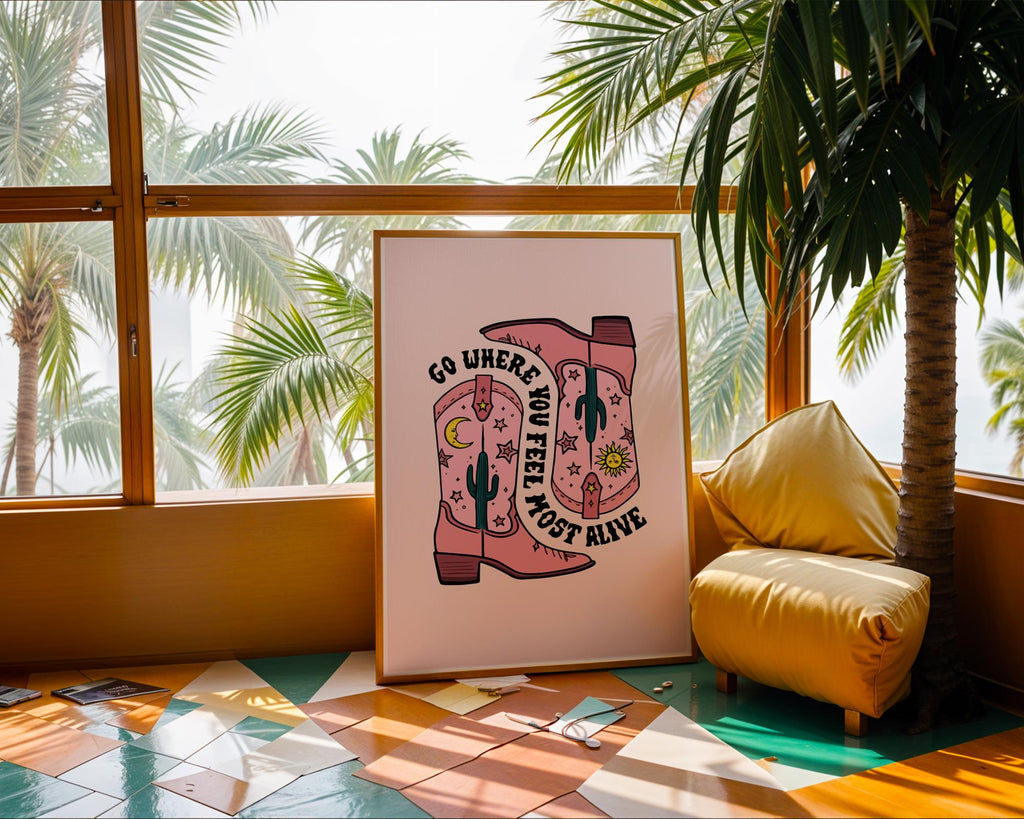 Pink Cowboy Boots Art Print | Retro Western Decor wall art print, modern home decor, unframed artwork by Nomad & Nest
