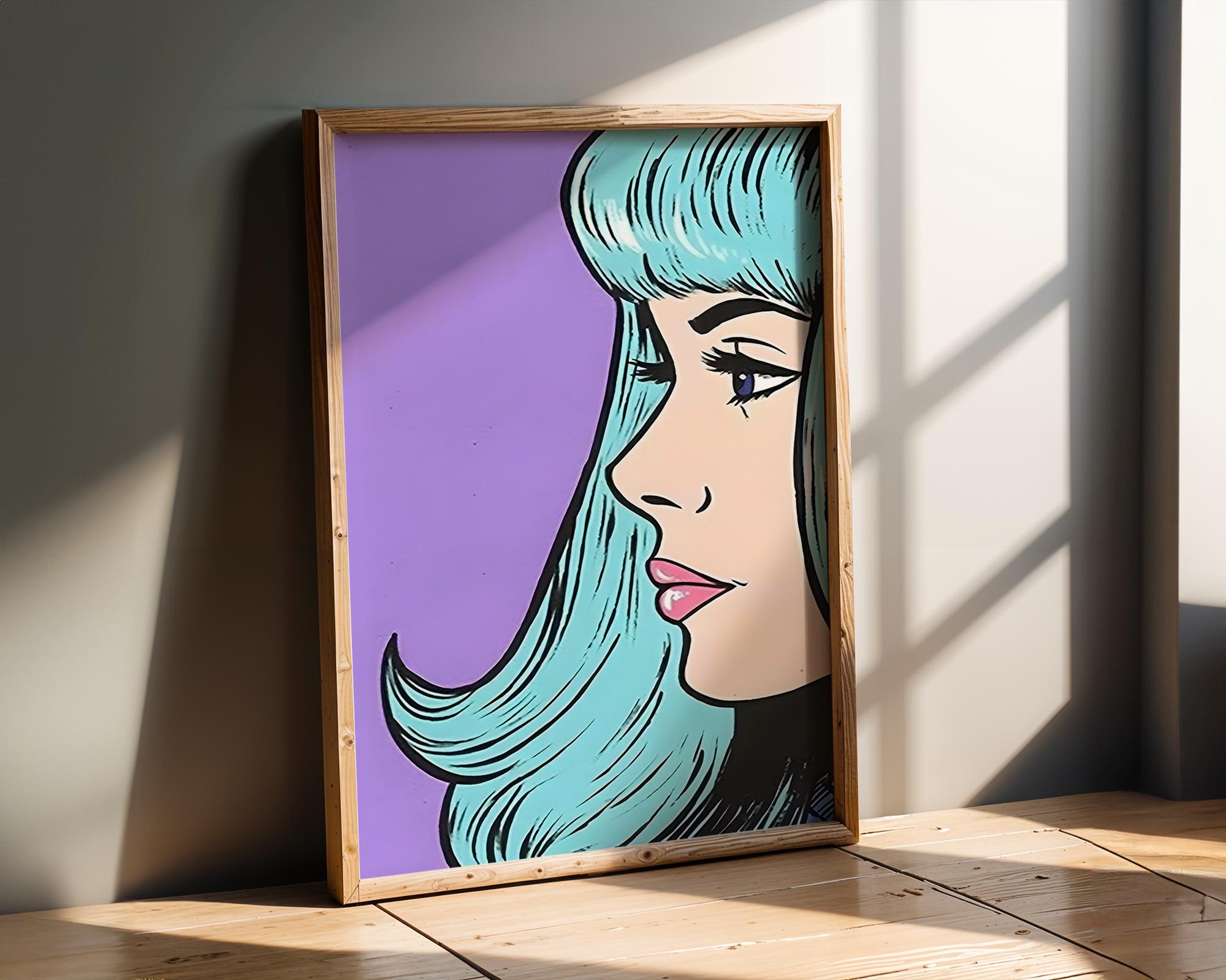 Modern Pop Art | Woman Print | Retro Graffiti Style, Blue Hair wall art print, modern home decor, unframed artwork by Nomad & Nest