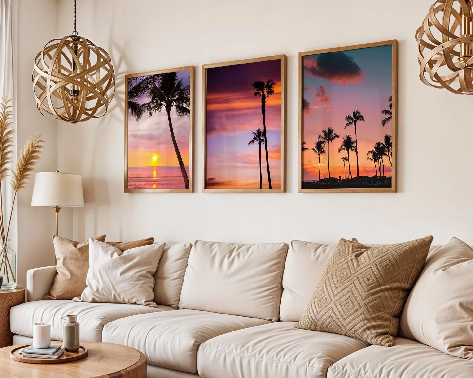 Colourful Prints | Tropical Sunset Palm Tree Print Set – Vibrant Coastal Wall Art Trio wall art print, modern home decor, unframed artwork by Nomad & Nest