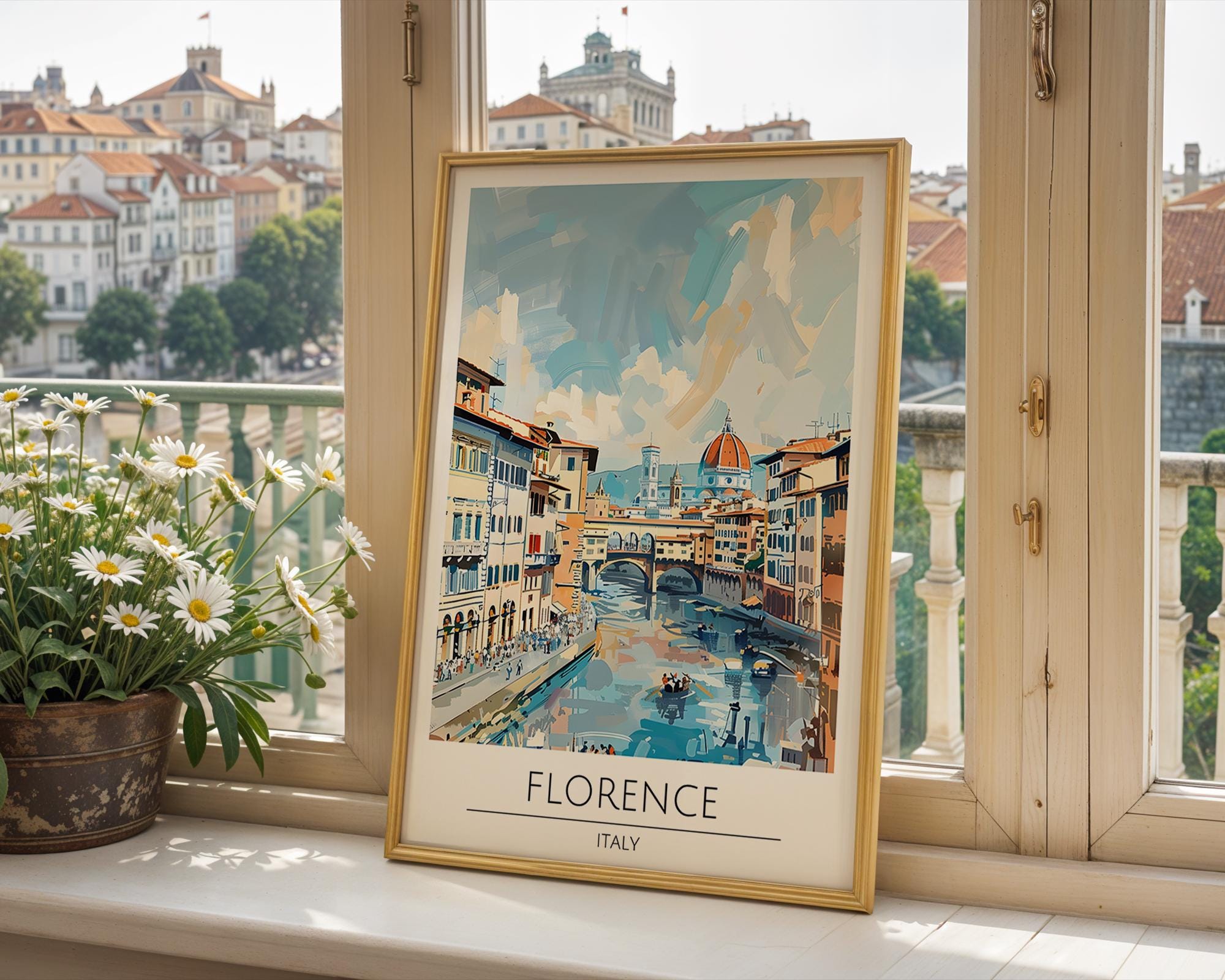 Florence Italy Travel Poster | Ponte Vecchio River Scene Art Print wall art print, modern home decor, unframed artwork by Nomad & Nest