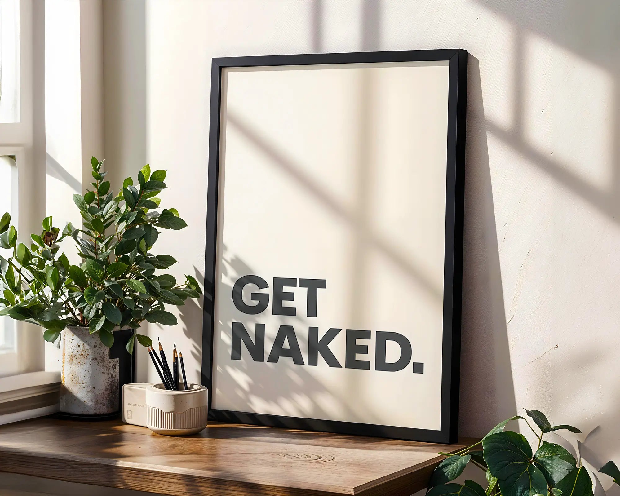 Positive Emotion | Get Naked Wall Art | Bold Modern Typography | Playful Bathroom Decor | Minimal Statement Poster wall art print, modern home decor, unframed artwork by Nomad & Nest