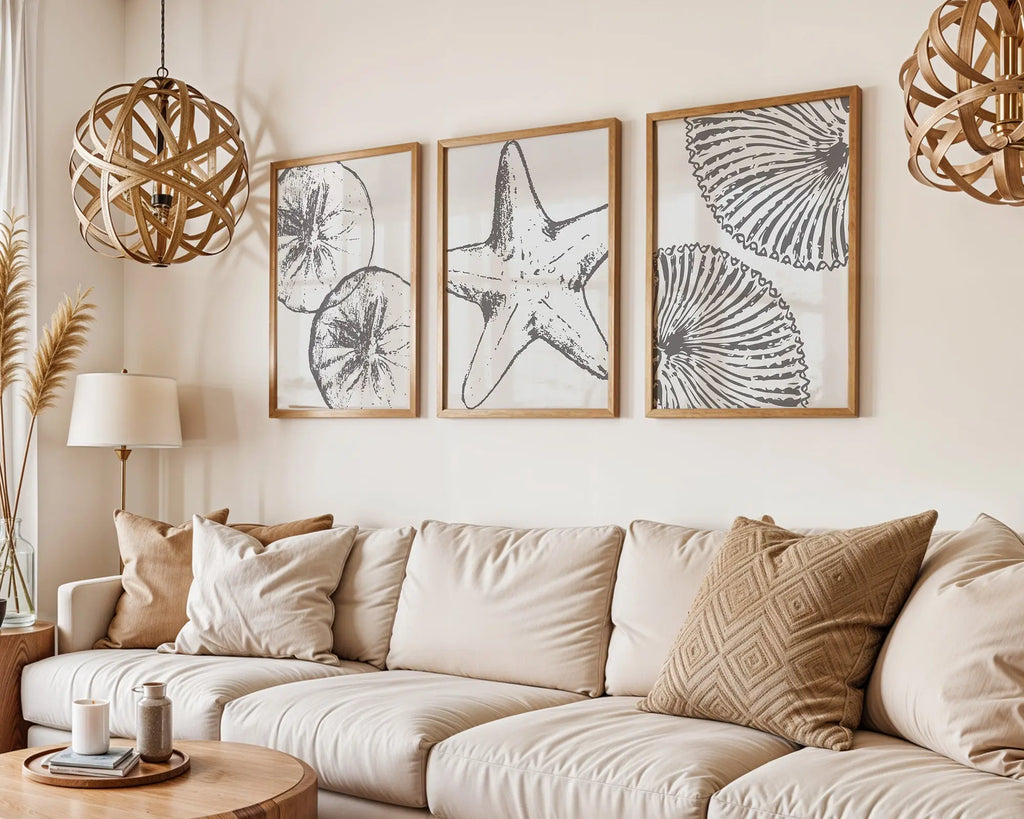 Colourful Prints | Coastal Print Set | Monochrome Sand Dollar, Starfish, Shell Wall Art (Set of 3) wall art print, modern home decor, unframed artwork by Nomad & Nest