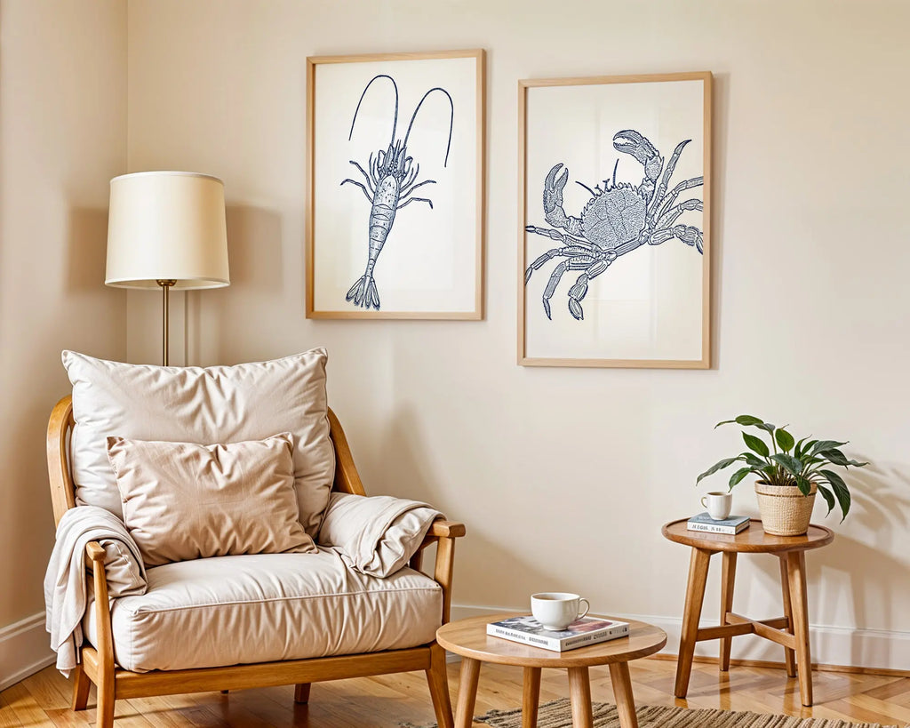 Colourful Prints | Nautical Lobster and Crab Art Prints | Coastal Marine Life Set (Set of 2) wall art print, modern home decor, unframed artwork by Nomad & Nest