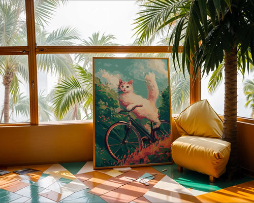 Cat on Bicycle Art Print | Retro Whimsical Illustration wall art print, modern home decor, unframed artwork by Nomad & Nest