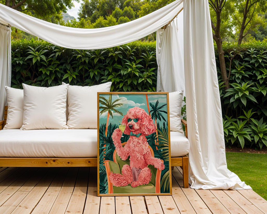 Colourful Prints | Pink Poodle Cocktail Art Print | Retro Tropical Dog Poster wall art print, modern home decor, unframed artwork by Nomad & Nest