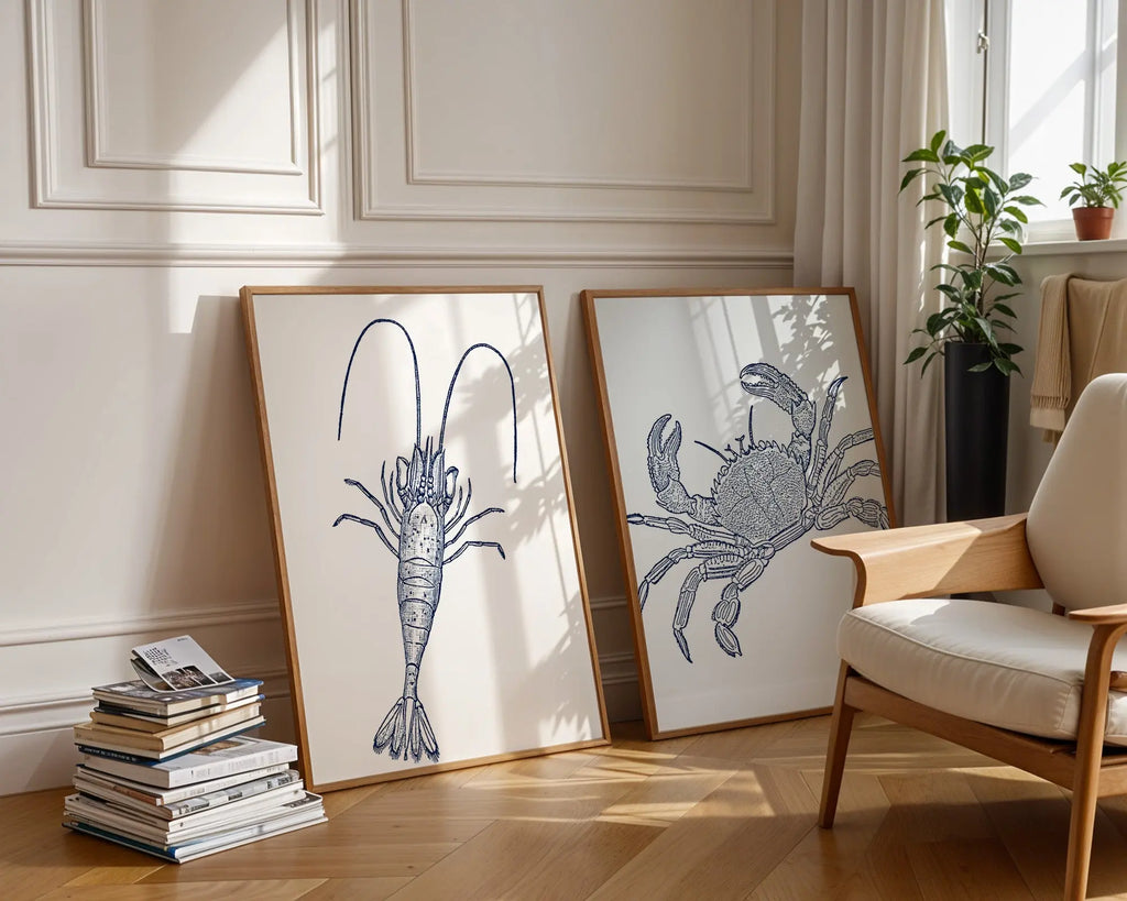 Colourful Prints | Nautical Lobster and Crab Art Prints | Coastal Marine Life Set (Set of 2) wall art print, modern home decor, unframed artwork by Nomad & Nest