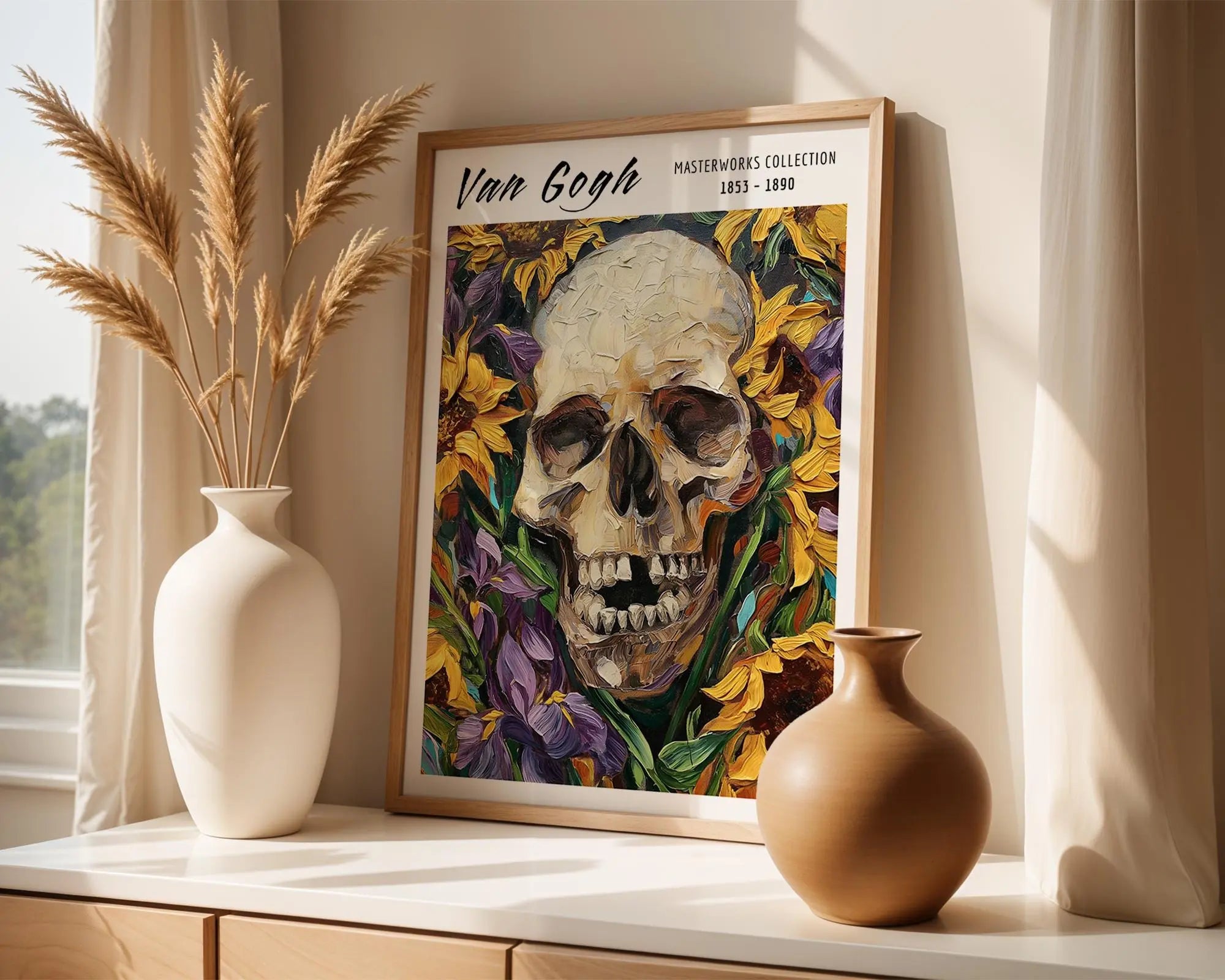 Van Gogh Print | Skull Art  | Gothic Sunflowers & Irises Poster wall art print, modern home decor, unframed artwork by Nomad & Nest