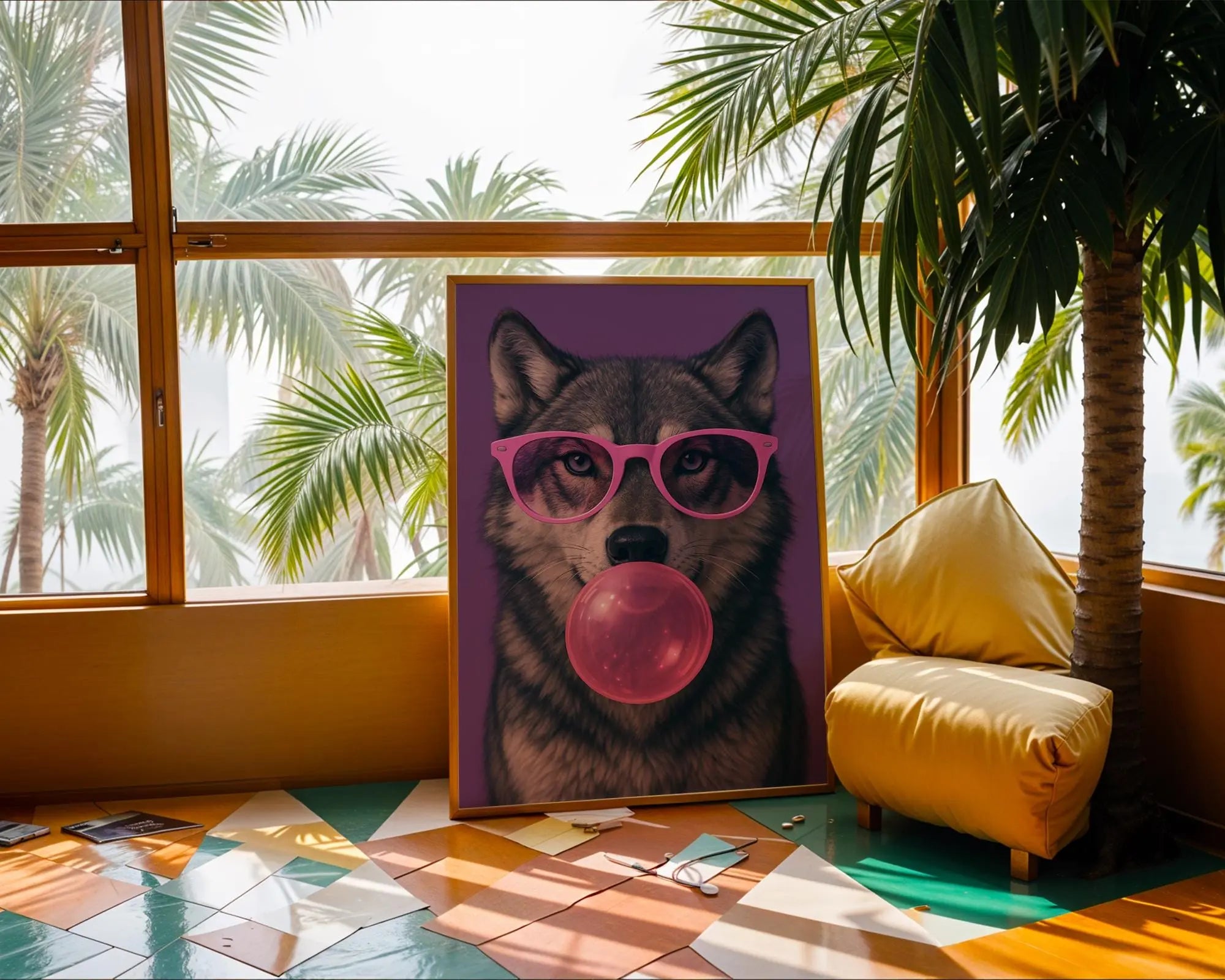 Colourful Prints | Wolf Bubblegum Print | Funky Animal Art with Pink Glasses wall art print, modern home decor, unframed artwork by Nomad & Nest