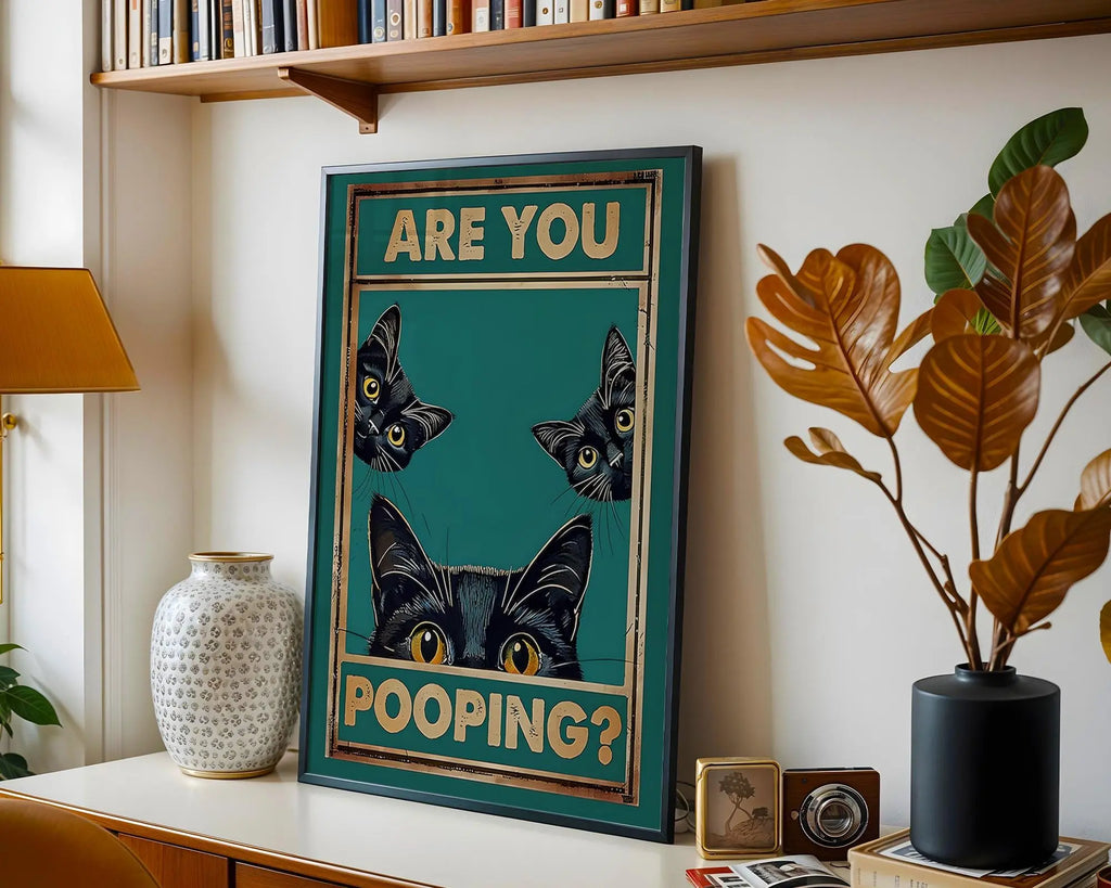 Funny Black Cat Bathroom Art Print | Quirky Pet Humor wall art print, modern home decor, unframed artwork by Nomad & Nest