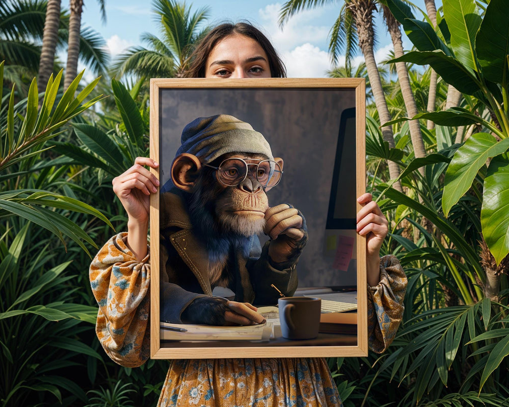 Thinking Chimp Art Print | Quirky Office Animal Portrait wall art print, modern home decor, unframed artwork by Nomad & Nest
