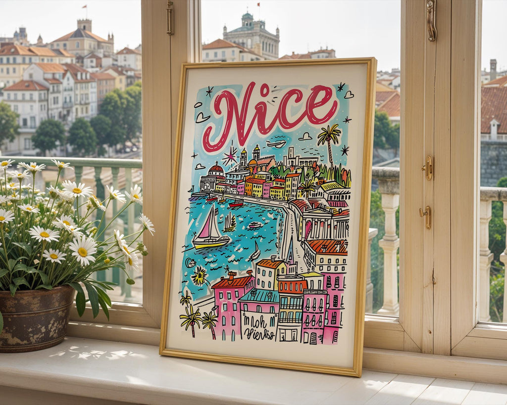Nice France Poster | Colorful Hand-Drawn Travel Print wall art print, modern home decor, unframed artwork by Nomad & Nest