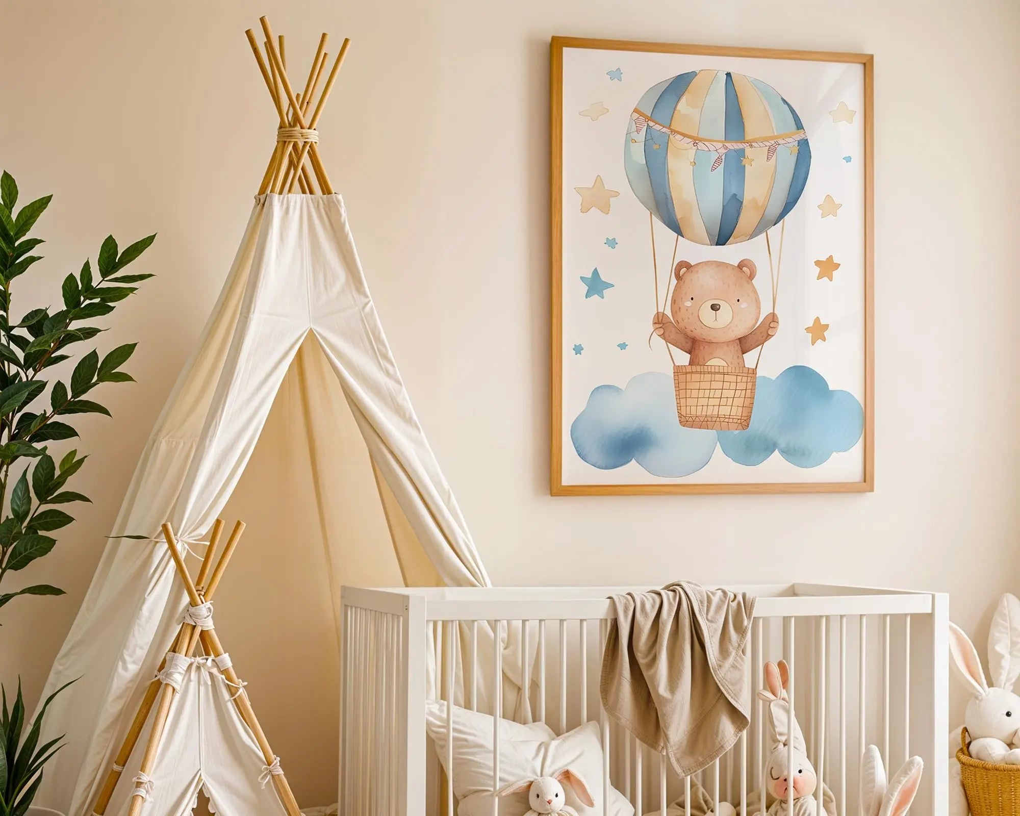 Playroom Ideas | Bear Hot Air Balloon Nursery Print | Boho Sky Wall Art wall art print, modern home decor, unframed artwork by Nomad & Nest