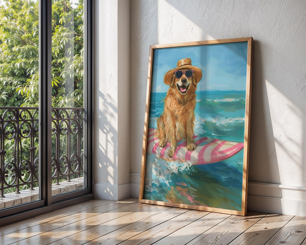 Colourful Prints | Surfer Golden Retriever Art Print | Beach House Coastal Decor wall art print, modern home decor, unframed artwork by Nomad & Nest