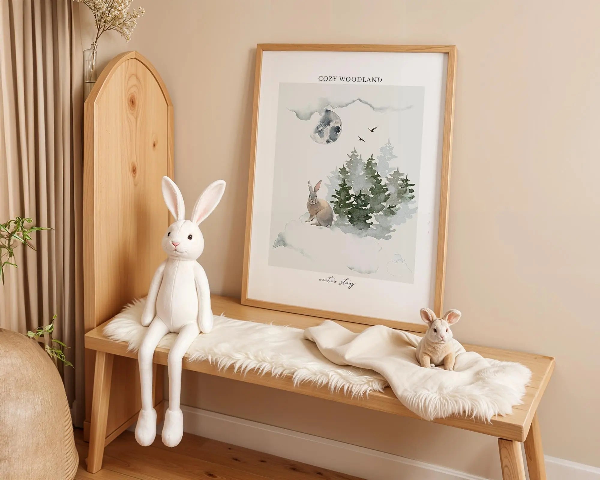 Playroom Ideas | Moonlit Bunny Nursery Wall Art | Woodland Night Animal Print wall art print, modern home decor, unframed artwork by Nomad & Nest