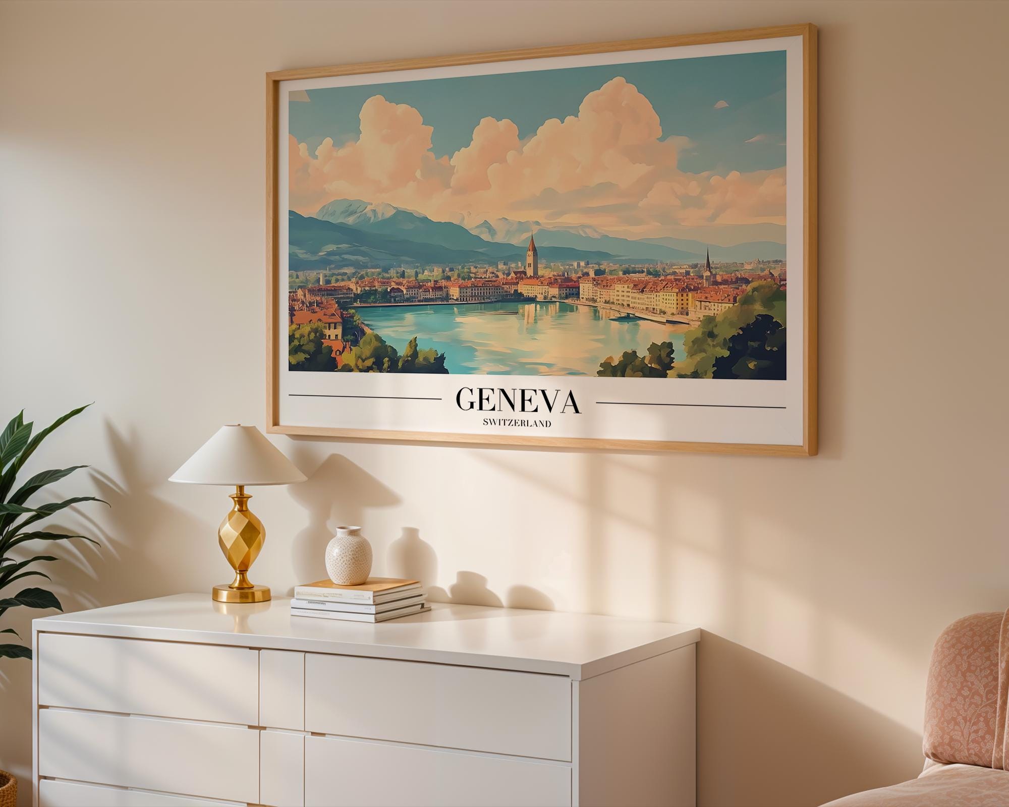 Geneva Switzerland Poster | Vintage Travel Print, Lake Geneva Alps Art wall art print, modern home decor, unframed artwork by Nomad & Nest