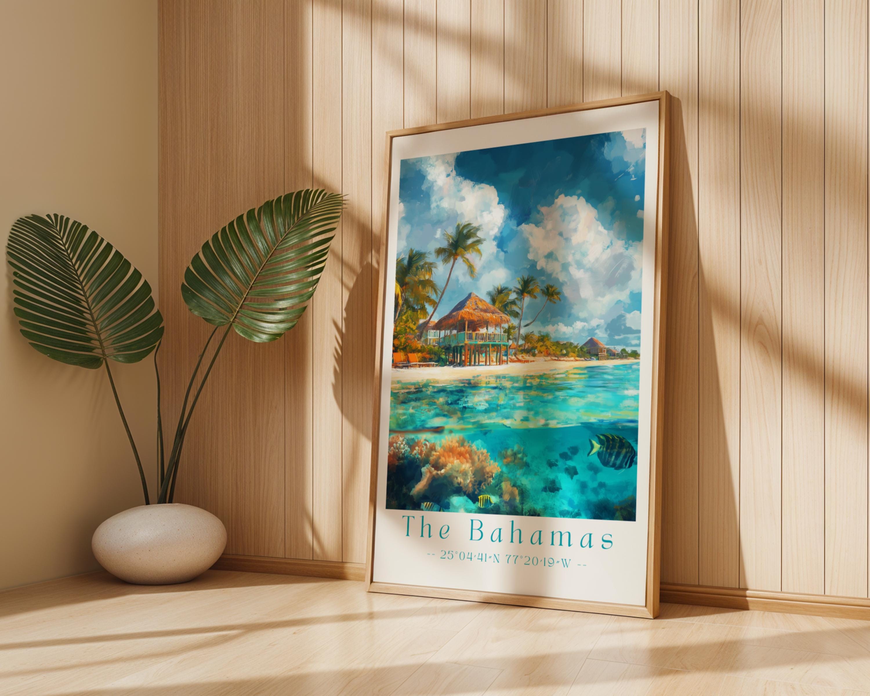 Bahamas Beach Print | Tropical Overwater Bungalow Poster wall art print, modern home decor, unframed artwork by Nomad & Nest