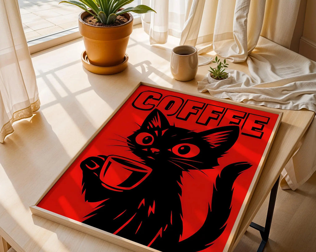 Positive Emotion | Coffee Cat Art Print | Bold Retro Graphic Poster wall art print, modern home decor, unframed artwork by Nomad & Nest