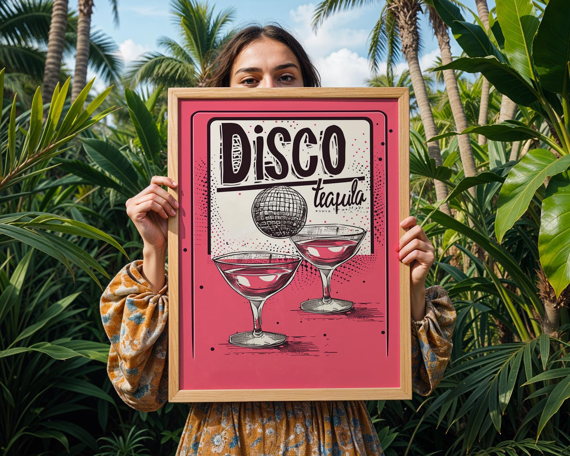 Colourful Prints | Disco Tequila Cocktail Print | Retro Pink Bar Decor wall art print, modern home decor, unframed artwork by Nomad & Nest