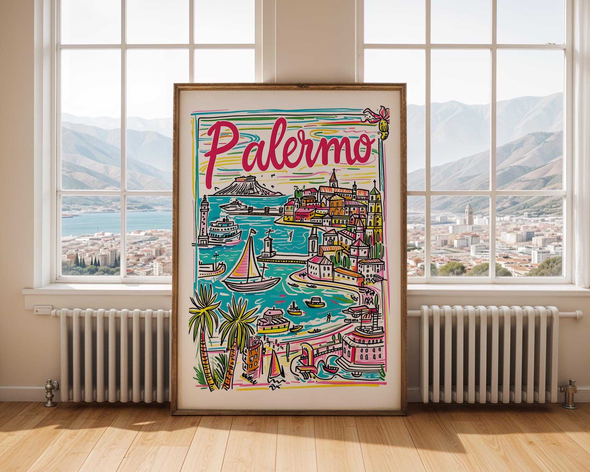 Palermo Italy Travel Poster | Colorful Sicilian Cityscape Art Print wall art print, modern home decor, unframed artwork by Nomad & Nest